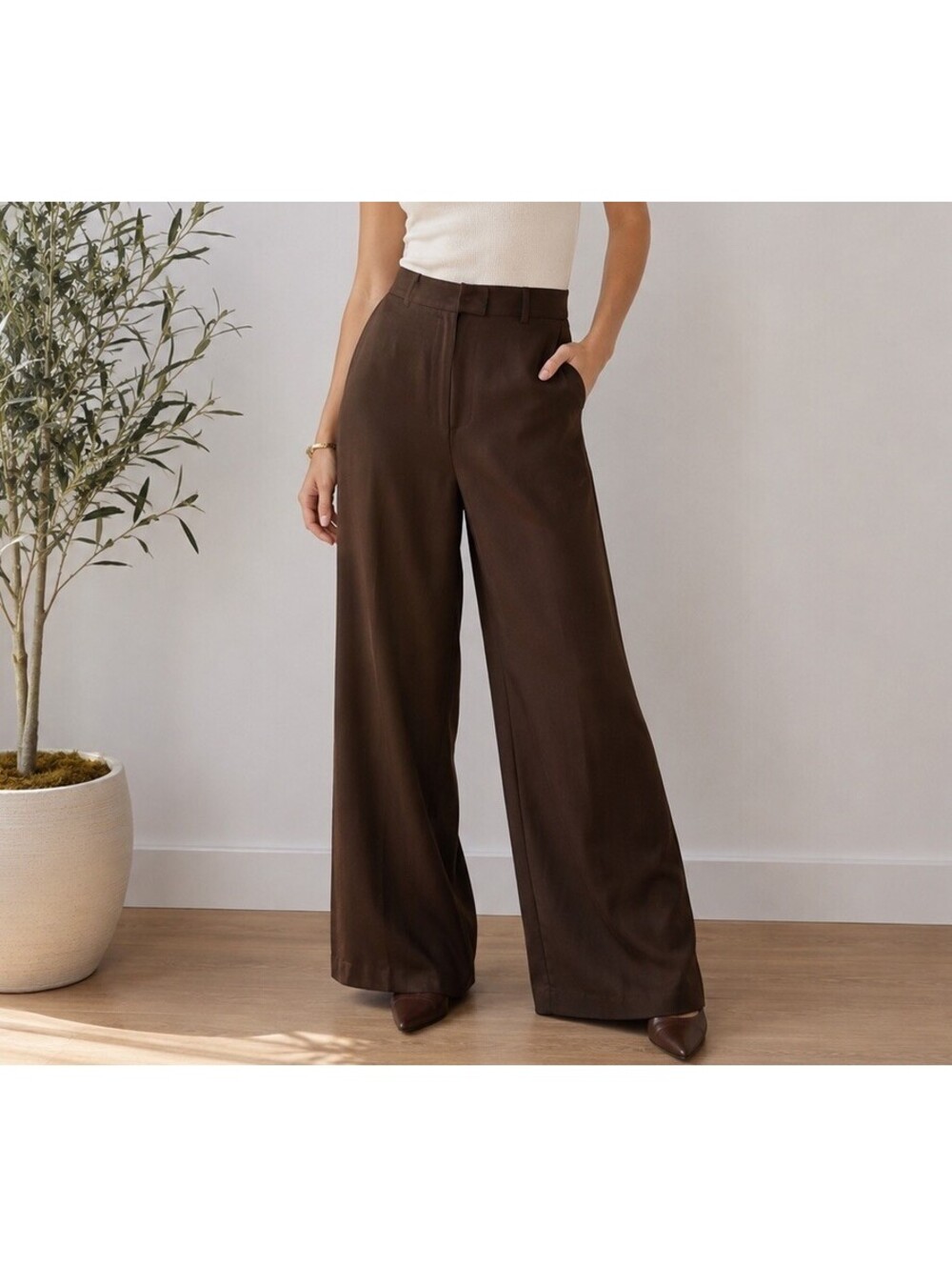 Ann Taylor Silk Pants Women Brown Wide Leg Trousers High Rise Quiet Luxury Vtg